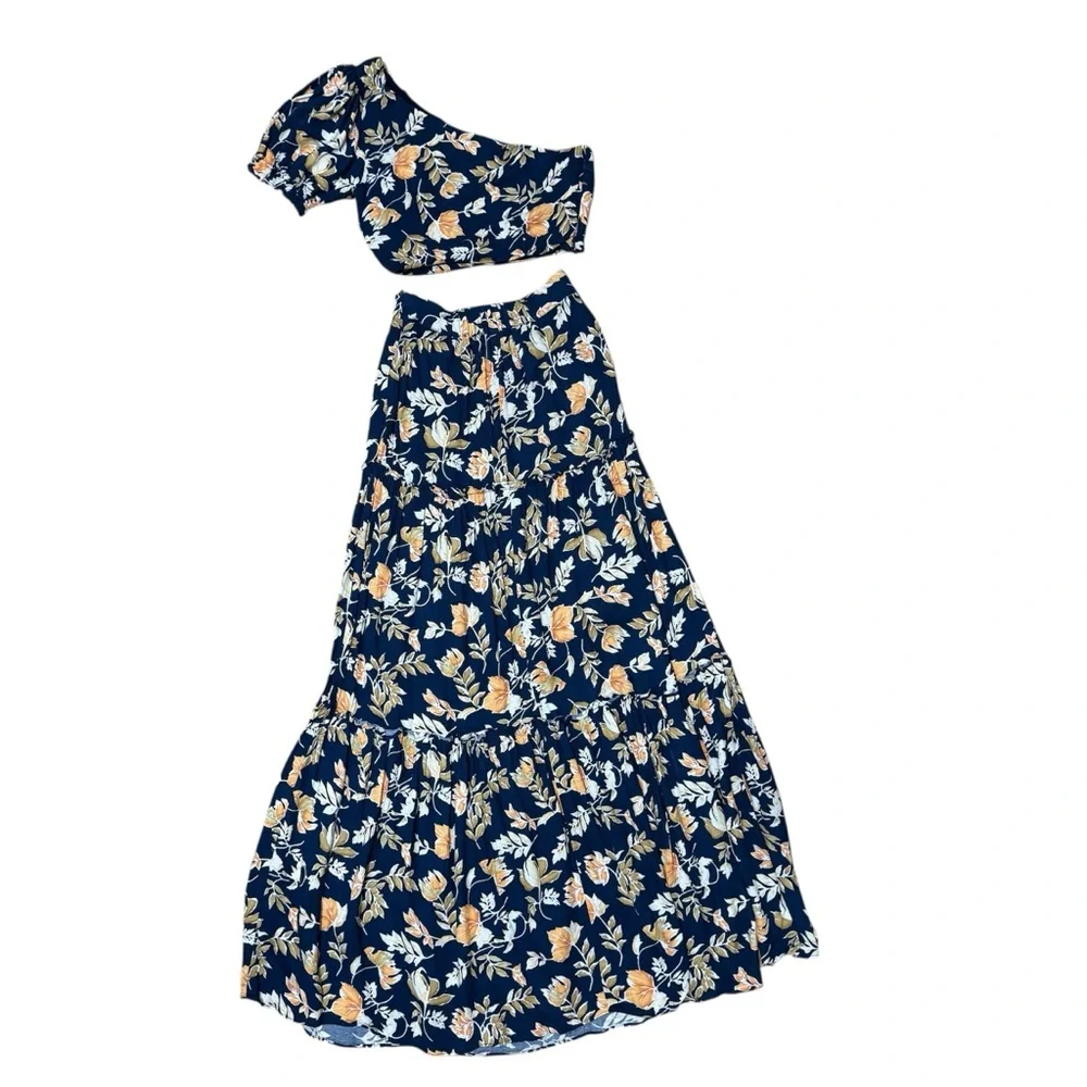 Seven Wonders Elana Crop Top Maxi Skirt Set Women XS One Shoulder Floral Tiered